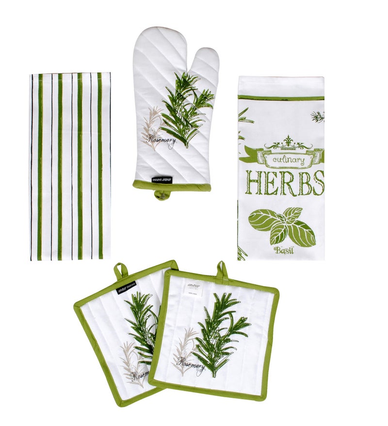 AMOUR INFINI AMOUR INFINI Pot Holders Oven Mitt and Kitchen Towel Heat Resistant 5Piece Cotton Kitchen Set Perfect for Cooking Baking and Grilling Gift Set Herb Garden