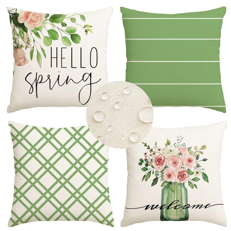 RABUSOFA Outdoor Spring Pillow Covers 18x18 Inch Set of 4 Waterproof Spring Decorations for Home,Green Farmhouse Decor Throw Decorative Pillows for Couch Patio - Image 1