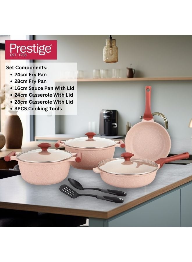 Prestige Essentials 9pcs Pots and Pans Set | Nonstick Cookware Sets |  Granite Pots Set | Kitchen Induction Pots and Pans Cooking Sets | Pan Sets for Cooking - Pink - Image 5