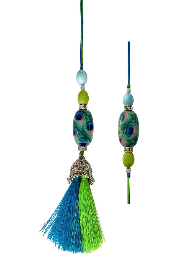 FURE Peacock Bead Lumba & Rakhi Set (Blue/Green) for Women & Men - Image 1