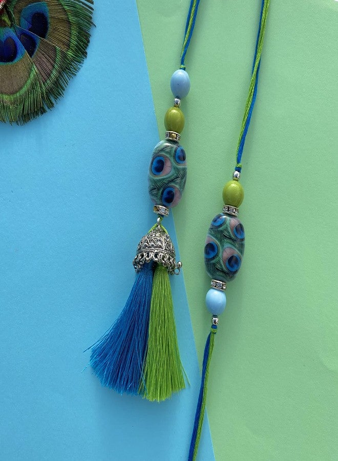 FURE Peacock Bead Lumba & Rakhi Set (Blue/Green) for Women & Men - Image 2
