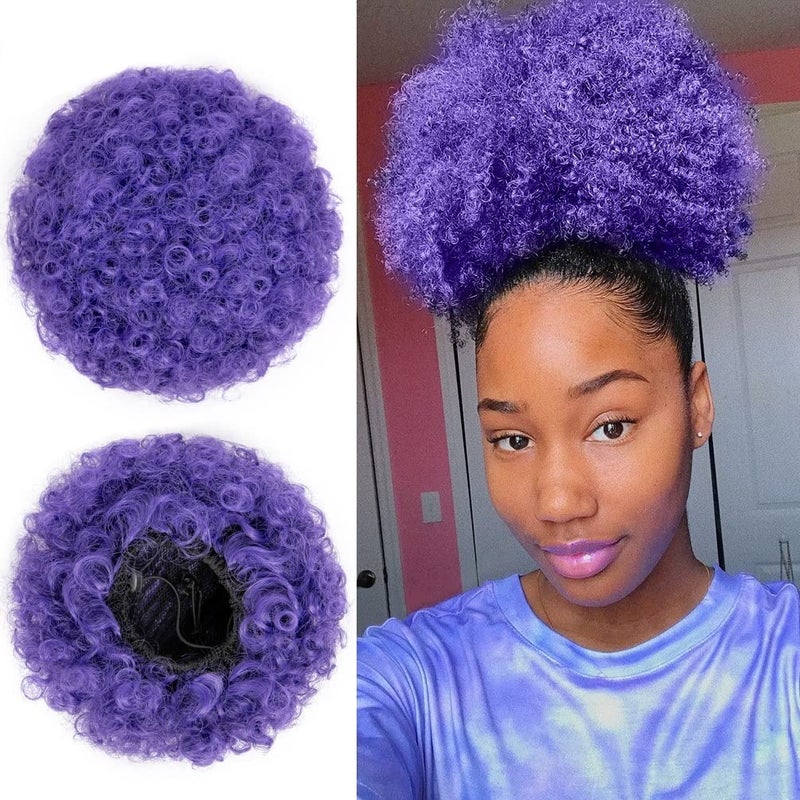 rosmile Afro Puff Drawstring Ponytail Extension for Black Women Premium Purple 80 Gram Short Synthetic Afro Puff Ponytail for Natural Hair Clip on Kinky Drawstring Curly Ponytail Bun