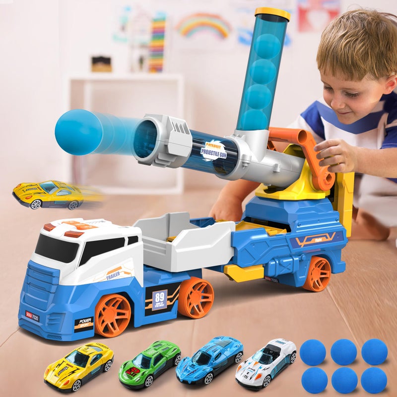 Dwi Dowellin Truck Toys for Kids  28"" Large Car Toys Include 4 Racing Cars+6 Ball  with Light & Sounds  Eejection&Shooting Transport Cars Toy  Gifts for Boys Girls 3-12 Year Old-Blue - Image 1