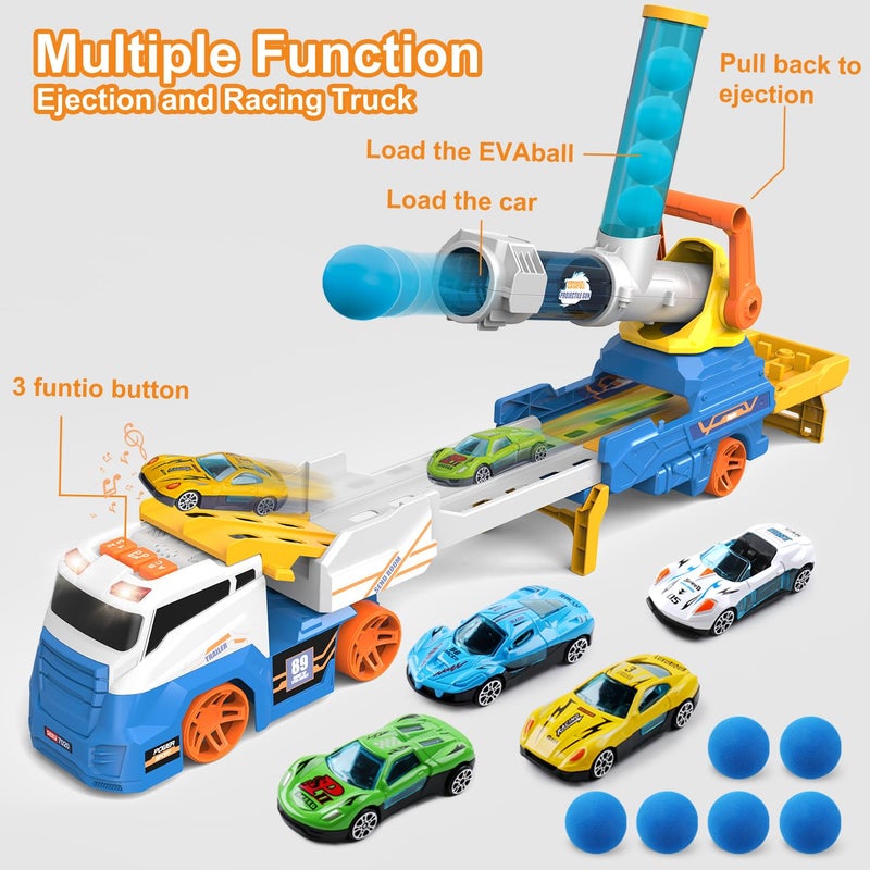 Dwi Dowellin Truck Toys for Kids  28"" Large Car Toys Include 4 Racing Cars+6 Ball  with Light & Sounds  Eejection&Shooting Transport Cars Toy  Gifts for Boys Girls 3-12 Year Old-Blue - Image 3