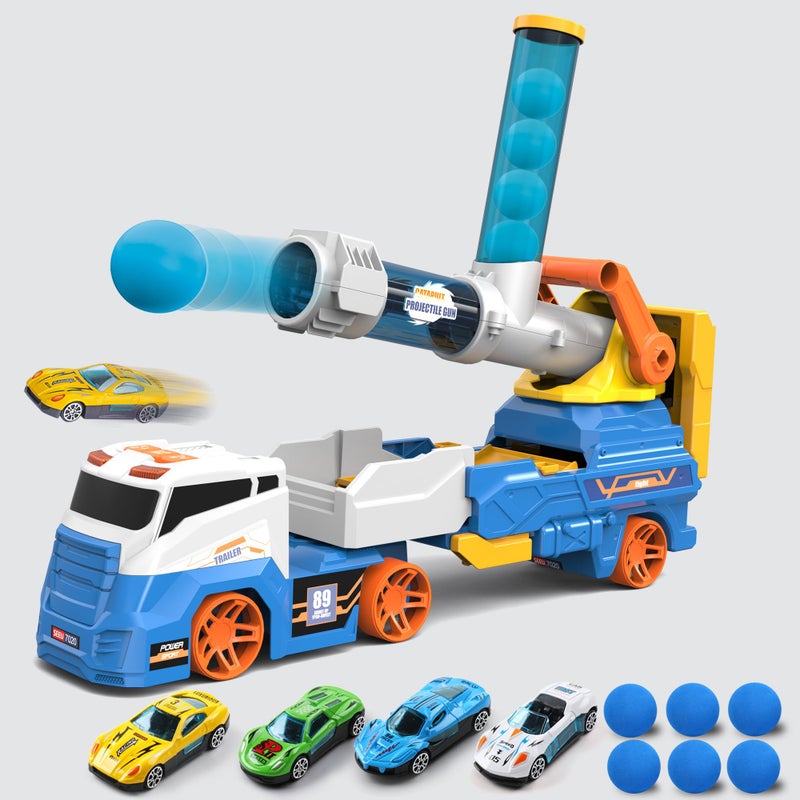 Dwi Dowellin Truck Toys for Kids  28"" Large Car Toys Include 4 Racing Cars+6 Ball  with Light & Sounds  Eejection&Shooting Transport Cars Toy  Gifts for Boys Girls 3-12 Year Old-Blue - Image 2
