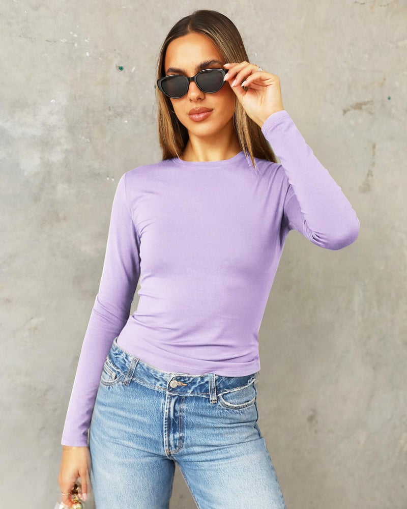 Abardsion Women's Long Sleeve Shirts Spring 2026 Casual Basic Going Out Crop Tops Slim Fit Tight Y2K Clothes(Purple, S) - Image 2
