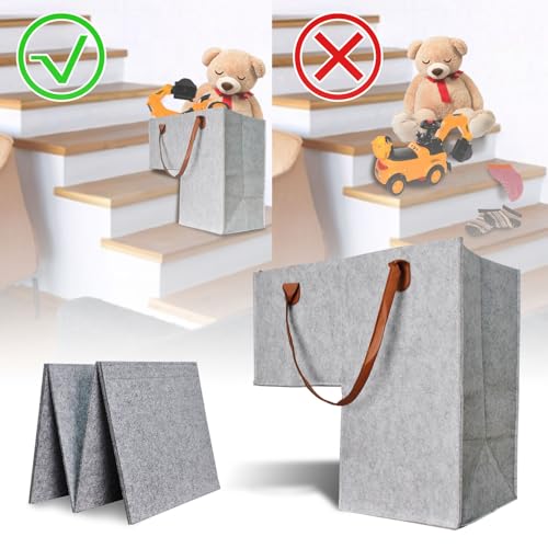 Zhupoub (2-PACK) Stair Basket -Foldable L-Shape step Storage Basket with Supporting Insert and Leather Handle, for Carpeted and Wooden Stairs, Suitable for Toys,Clothes,Books,Computers (Gray) - Image 3