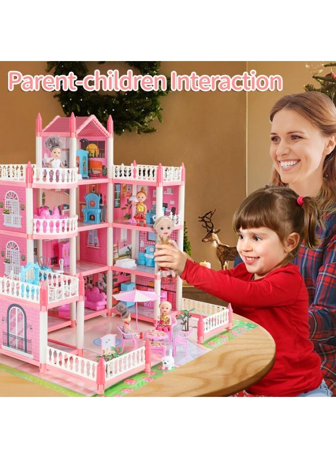 GUDOO بيوت دمى للفتيات، منزل لعب مكون من 4 طوابق و11 غرفة مع 4 دمى وإكسسوارات أثاث وأضواء وامضة، لعبة بيت الأميرة هدية عيد ميلاد للأطفال من عمر 3 إلى 8 سنوات (وردي). - Image 5