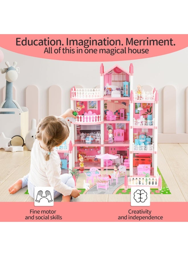 GUDOO بيوت دمى للفتيات، منزل لعب مكون من 4 طوابق و11 غرفة مع 4 دمى وإكسسوارات أثاث وأضواء وامضة، لعبة بيت الأميرة هدية عيد ميلاد للأطفال من عمر 3 إلى 8 سنوات (وردي). - Image 3