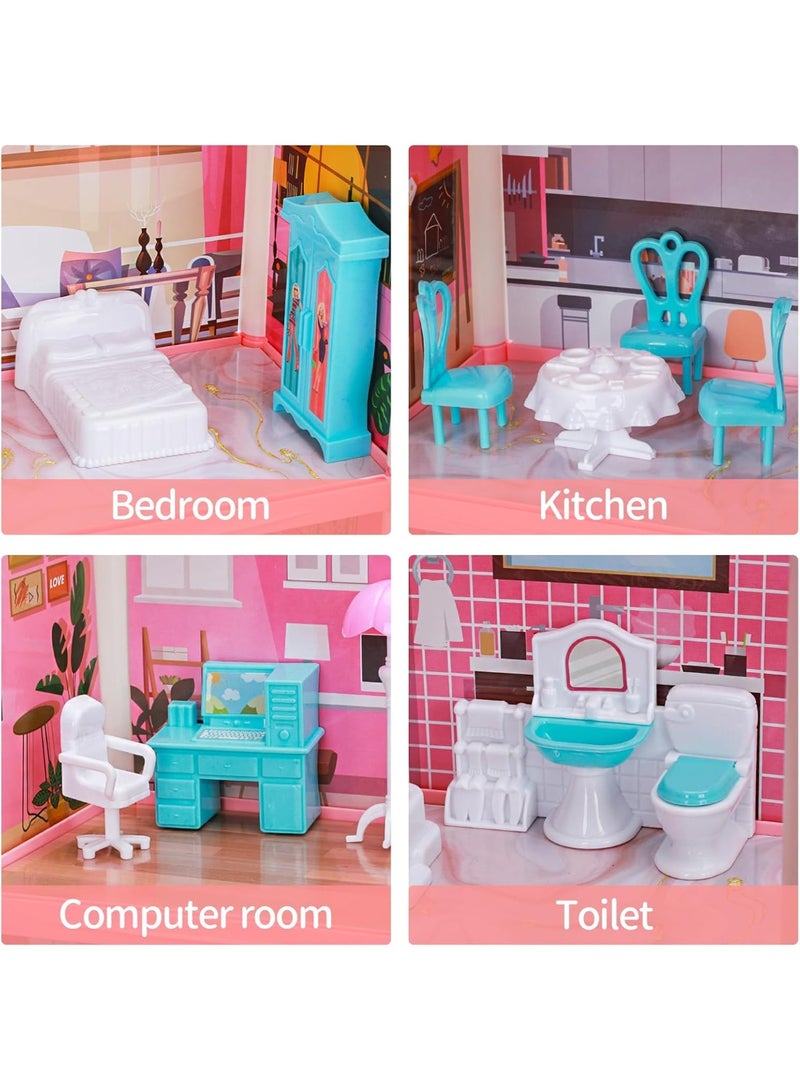 GUDOO بيوت دمى للفتيات، منزل لعب مكون من 4 طوابق و11 غرفة مع 4 دمى وإكسسوارات أثاث وأضواء وامضة، لعبة بيت الأميرة هدية عيد ميلاد للأطفال من عمر 3 إلى 8 سنوات (وردي). - Image 4