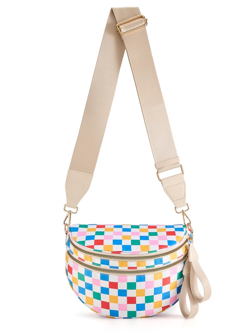MEISEY Black and White Checkered Crossbody Bag Bum Bag for Women,Spacious Checkered Purse Fanny Packs Belt Bag (Rainbow White Checkered) - Image 1