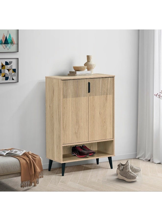 Home Box Movo-Lasero 2 Door Shoe Cabinet w/Open Shelf-Oak-15 Pairs - Image 1