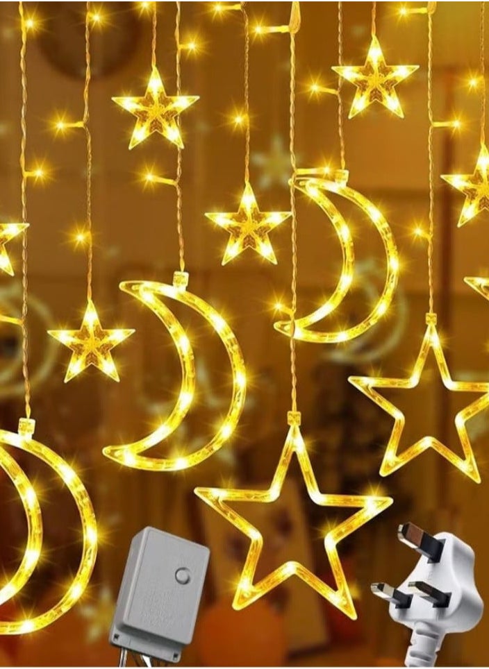 Ramadan curtain with a crescent and star design, 3.5 meters long and 8 flash modes with amazing LED lights, adding a magical touch to the decor of any space.