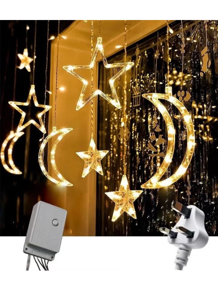 Ramadan curtain with a crescent and star design, 3.5 meters long and 8 flash modes with amazing LED lights, adding a magical touch to the decor of any space.