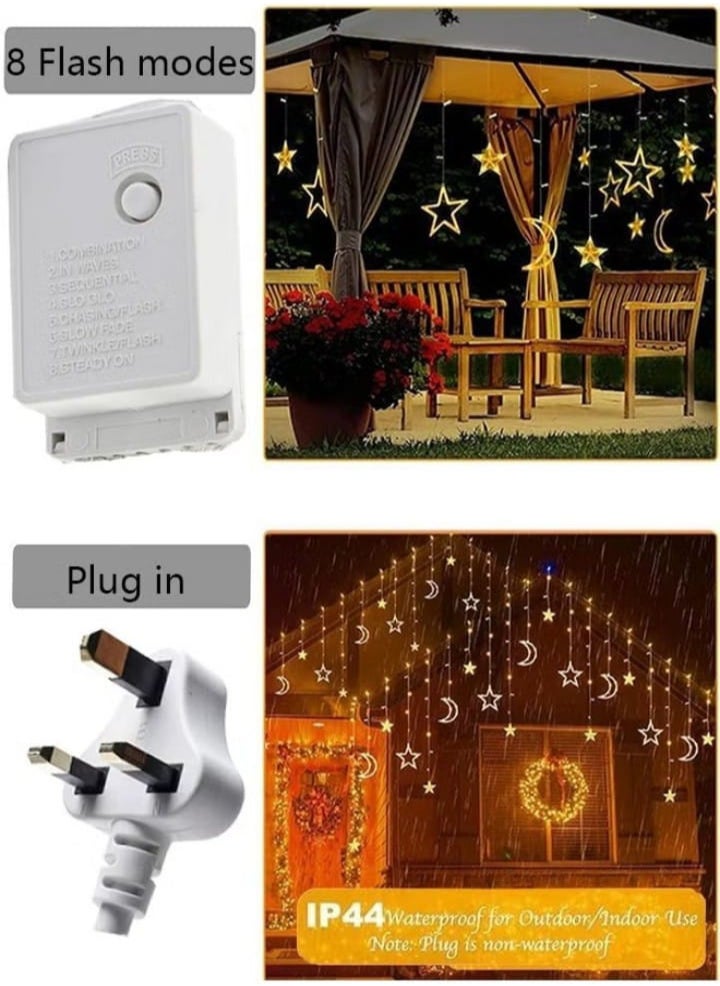 Ramadan curtain with a crescent and star design, 3.5 meters long and 8 flash modes with amazing LED lights, adding a magical touch to the decor of any space.