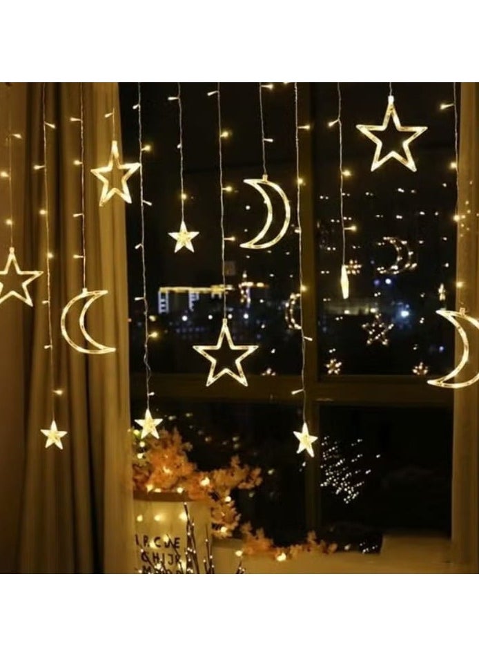 Ramadan curtain with a crescent and star design, 3.5 meters long and 8 flash modes with amazing LED lights, adding a magical touch to the decor of any space.