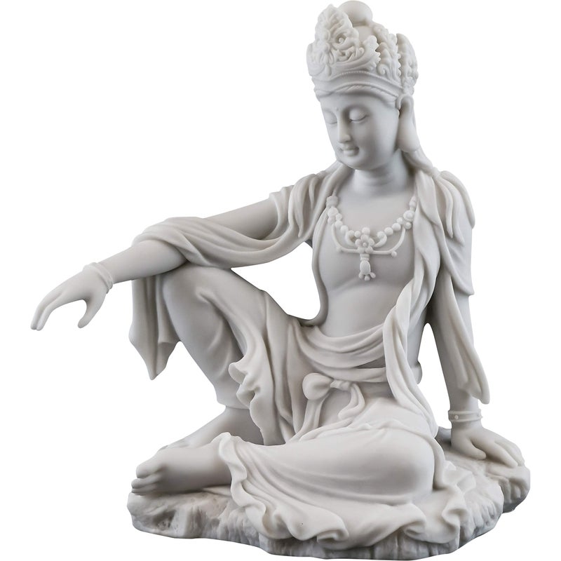 Top Collection Water  Moon Quan Yin Royal Ease Pose Statue Buddhist Kwan Yin Goddess of Compassion and Mercy Sculpture in White Marble Finish  725Inch Collectible Figurine