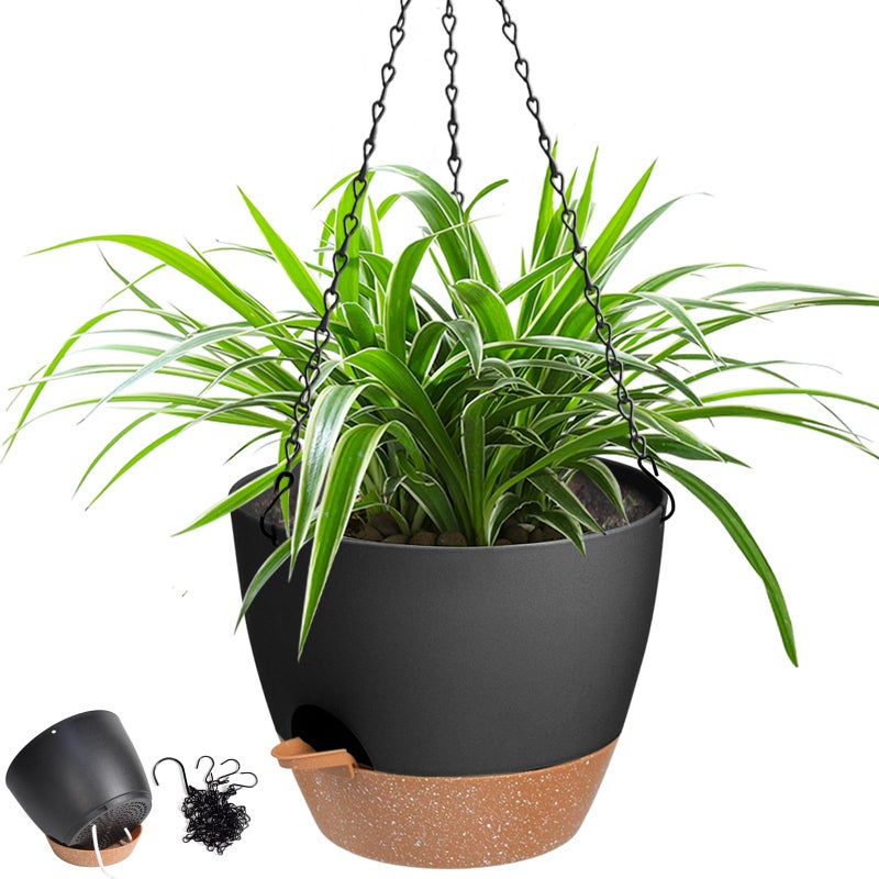 Vanslogreen Hanging Planters for Indoor Outdoor Plants 1 Set Self Watering Hanging Pot with Drainage Holes  Removable Tray Black12inch 12