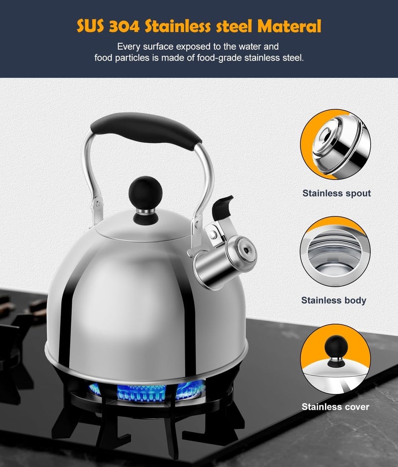 AMFOCUS Tea Kettle, 2 Quart Stainless Steel Whistling Tea Kettle, Stovetop Whistling Teakettle Tea Pots for Stove Top with Ergonomic Folding Handle, Small Teapot, Water boiler for Tea, Coffee (Silver) - Image 3