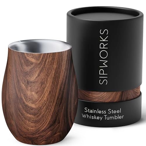 Sipworks Insulated Whiskey Tumbler  8 oz Stainless Steel Bourbon Lowball Tumbler with Double Walled Vacuum Insulation  Spill Resistant Cocktail Nosing Glass Mug  Travel  Parties  Mahogany