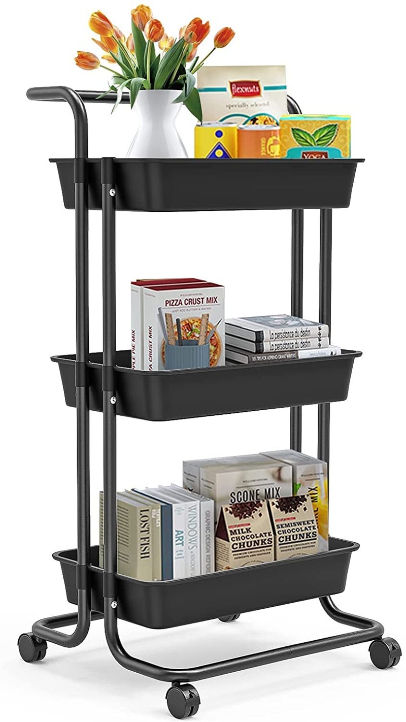 DASNDAS 3 Tier Rolling Cart Utility Organizer MultiFunction Storage Serving Trolley with Handle and Lockable Wheels for Home Kitchen Bathroom Living Room Office Salon - Image 2