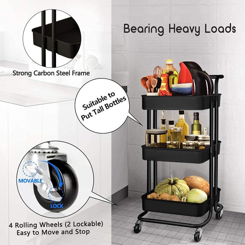 DASNDAS 3 Tier Rolling Cart Utility Organizer MultiFunction Storage Serving Trolley with Handle and Lockable Wheels for Home Kitchen Bathroom Living Room Office Salon - Image 4