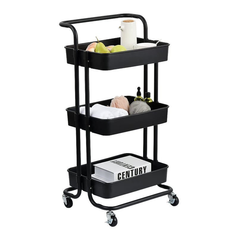DASNDAS 3 Tier Rolling Cart Utility Organizer MultiFunction Storage Serving Trolley with Handle and Lockable Wheels for Home Kitchen Bathroom Living Room Office Salon - Image 1