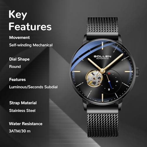 SOLLEN Men's Automatic Watch, Original Mechanical Movement - 3ATM Water Resistant - Skeleton Design & Luminous Hands - Small Second Dial & Stainless Steel Case, Minimalist Casual Gifts for Men - Image 2