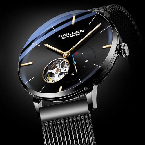 SOLLEN Men's Automatic Watch, Original Mechanical Movement - 3ATM Water Resistant - Skeleton Design & Luminous Hands - Small Second Dial & Stainless Steel Case, Minimalist Casual Gifts for Men - Image 4