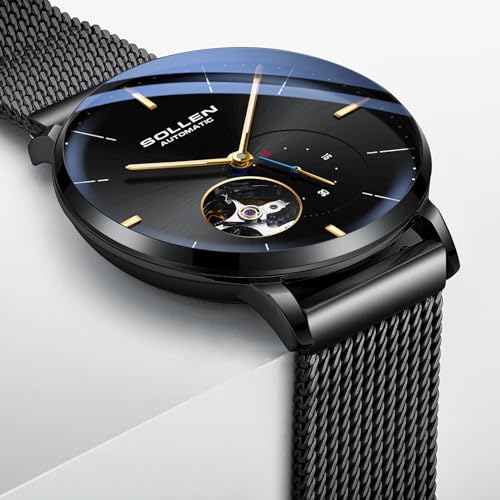 SOLLEN Men's Automatic Watch, Original Mechanical Movement - 3ATM Water Resistant - Skeleton Design & Luminous Hands - Small Second Dial & Stainless Steel Case, Minimalist Casual Gifts for Men - Image 5