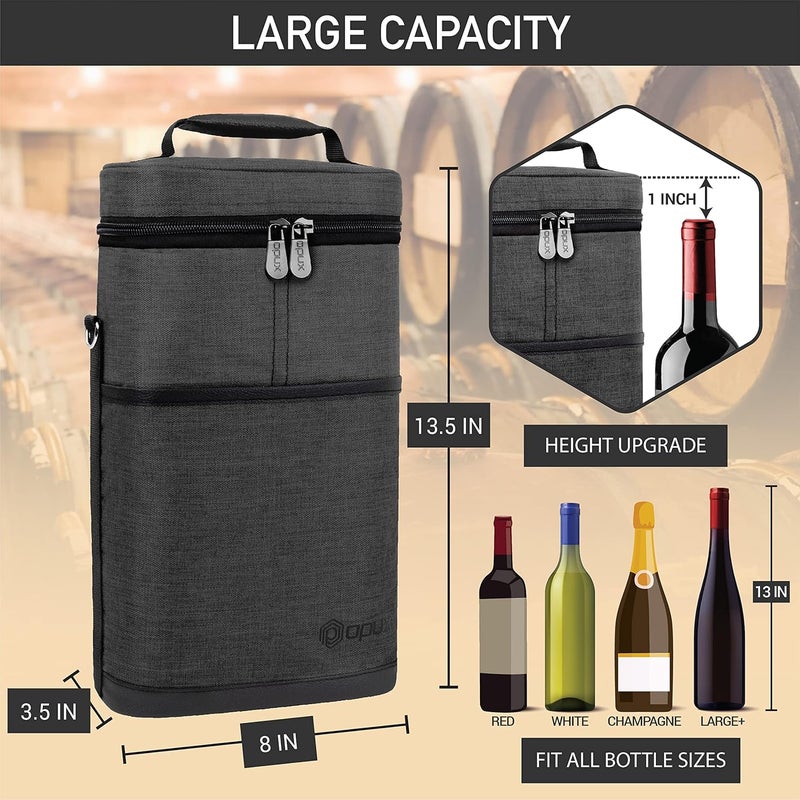 OPUX Insulated 2 Bottle Wine Tote Carrier | Padded Wine Cooler Bag for Travel Picnic BYOB | Portable Wine Bag with Shoulder Strap and Carry Handle, Wine Gifts - Charcoal Grey - Image 3