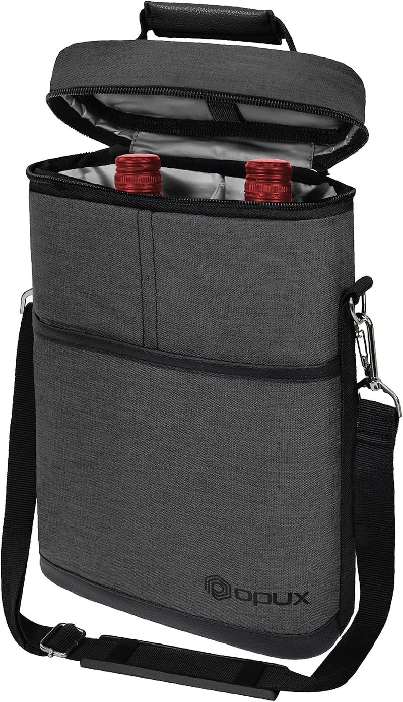 OPUX Insulated 2 Bottle Wine Tote Carrier | Padded Wine Cooler Bag for Travel Picnic BYOB | Portable Wine Bag with Shoulder Strap and Carry Handle, Wine Gifts - Charcoal Grey - Image 1