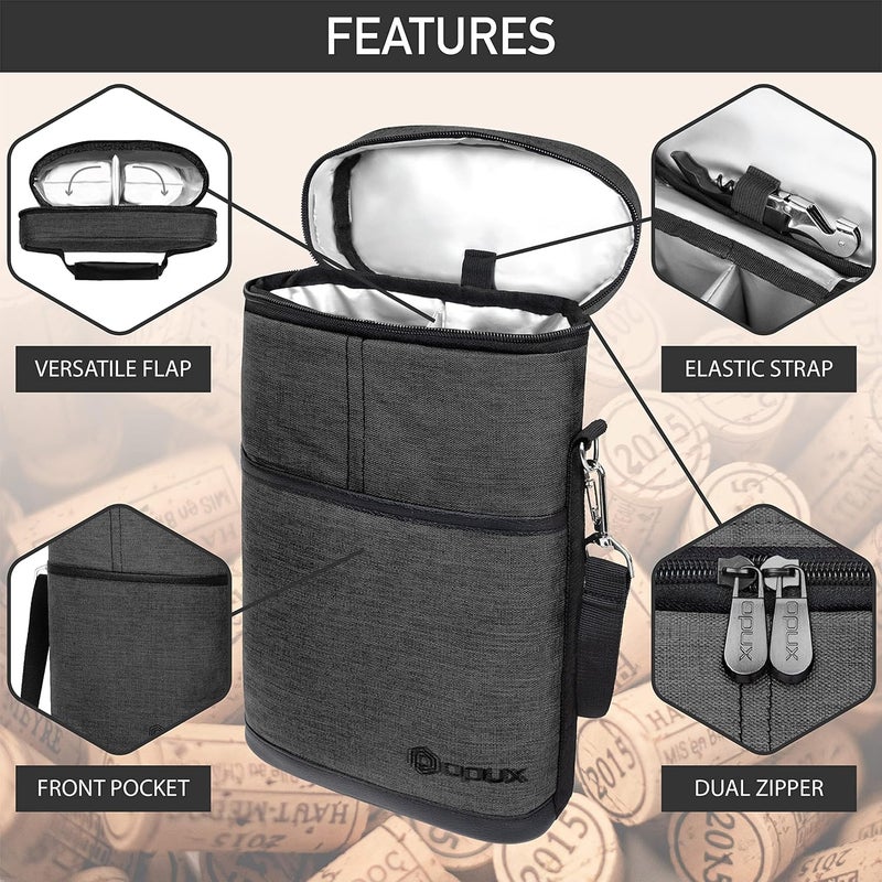 OPUX Insulated 2 Bottle Wine Tote Carrier | Padded Wine Cooler Bag for Travel Picnic BYOB | Portable Wine Bag with Shoulder Strap and Carry Handle, Wine Gifts - Charcoal Grey - Image 4