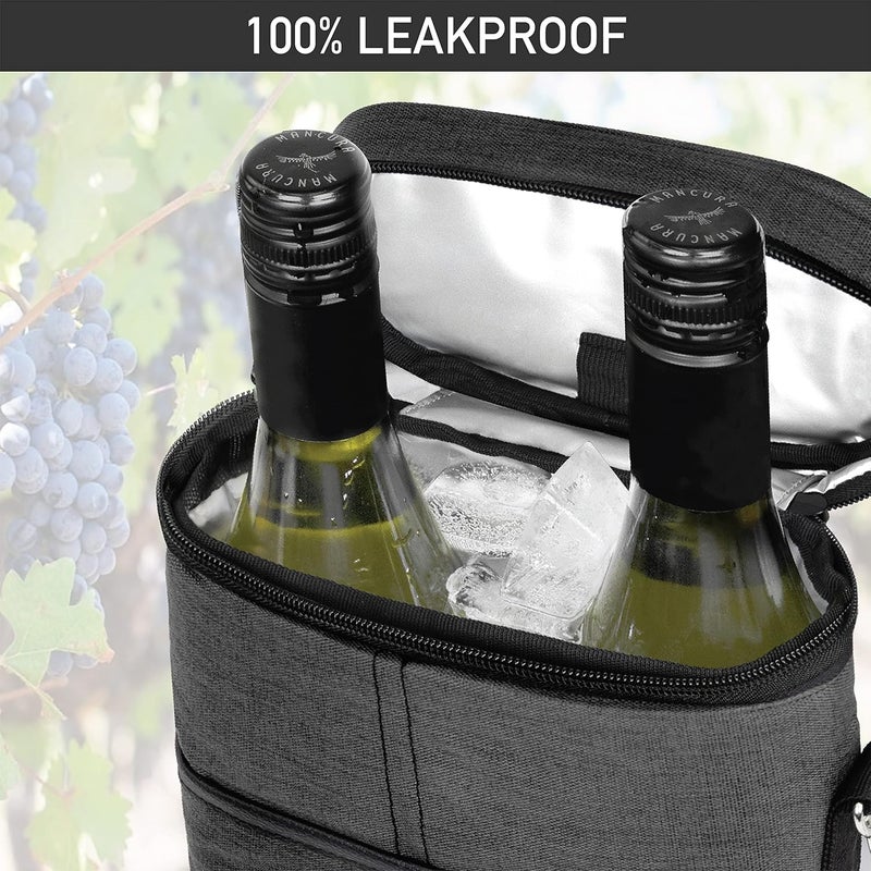 OPUX Insulated 2 Bottle Wine Tote Carrier | Padded Wine Cooler Bag for Travel Picnic BYOB | Portable Wine Bag with Shoulder Strap and Carry Handle, Wine Gifts - Charcoal Grey - Image 5