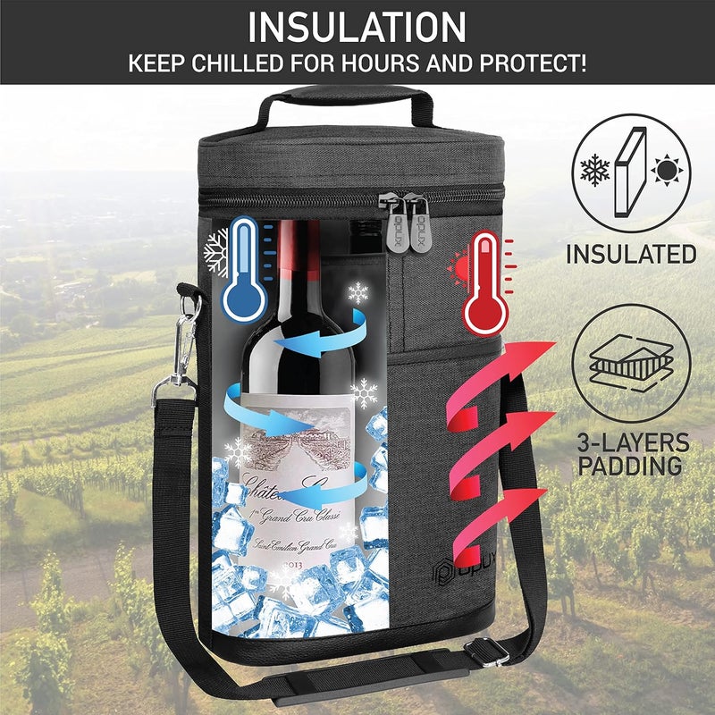 OPUX Insulated 2 Bottle Wine Tote Carrier | Padded Wine Cooler Bag for Travel Picnic BYOB | Portable Wine Bag with Shoulder Strap and Carry Handle, Wine Gifts - Charcoal Grey - Image 2