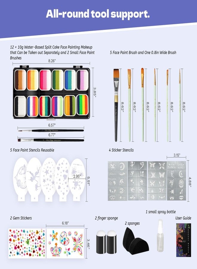 Pintada Professional Face Painting Kit for Kids Adults-12*10g Non Toxic Water Activated Face Paint Kit With Brushes,Stencils，Gem Stickers;Halloween,Carnival;Water Based Facepaint Makeup Kit for Kids Party - Image 2