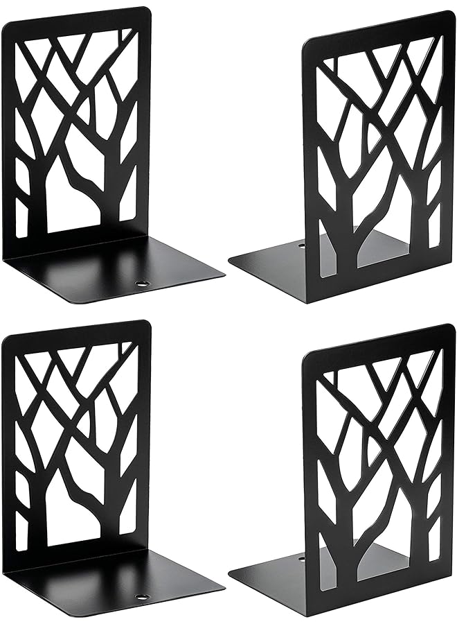 The Bros Book Ends Tree Design Modern Bookends for Shelves, Non-Skid Bookend, Heavy Duty Metal Book Stopper for Books/CDs, Decorative Book Shelf for Home, 12 x 17.5 x 9cm, Black (2 Pair/4 Pieces) - Image 1