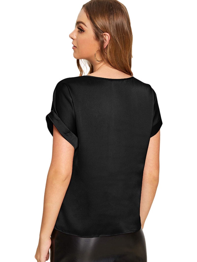 Floerns Women's Casual Solid Rolled Cap Short Sleeve Satin Silk Blouse Tops A Black M - Image 2