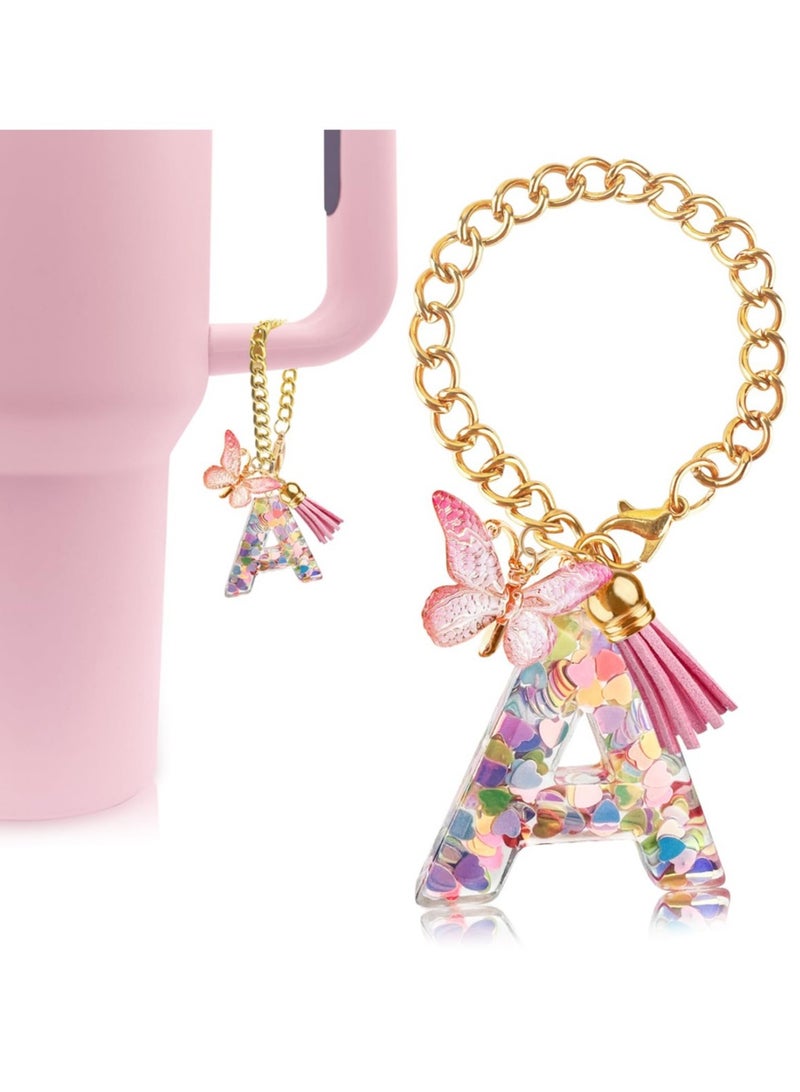 Letter Charm Accessories for Stanley Cup with Handle, Cute Initial Letter A Keychain Handle Charm with Butterfly for Stanley Tumbler for Women Girls - Image 1