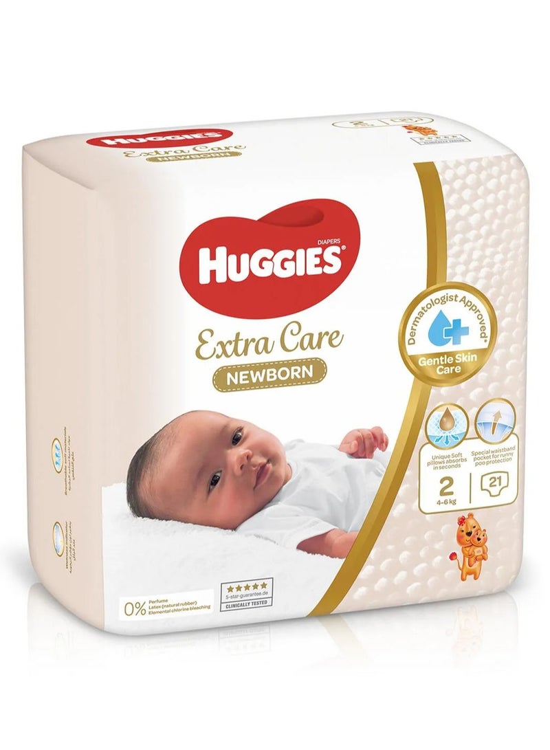HUGGIES حفاضات هاجيز إكسترا كير للأطفال حديثي الولادة، 21 قطعة، الحجم 2، 4 إلى 6 كجم - حماية لمدة 12 ساعة، معتمدة من أطباء الجلد، قابلة للتنفس