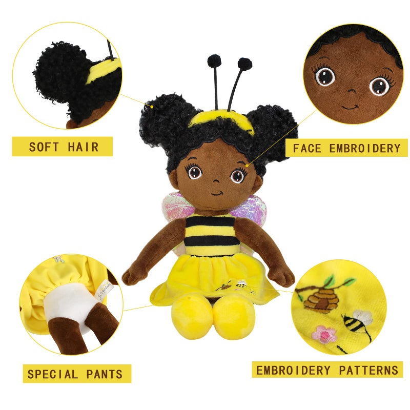 JUSTQUNSEEN Black Baby Doll  Black Dolls African American Stuffed Toy  12  Rag Dolls For Girls Soft Gifts  Toys For 2 3 Year Old Girl  Brown Doll Fairy Baby Toy For 2 3 Year Old Girls (Small-Black Bee) - Image 3