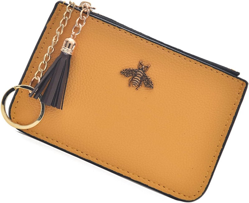 AnnabelZ Coin Purse Change Wallet Pouch Leather Card Holder with Key Chain Tassel Zip(Yellow) - Image 1
