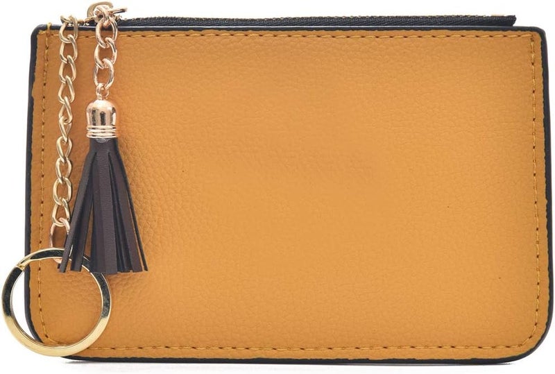 AnnabelZ Coin Purse Change Wallet Pouch Leather Card Holder with Key Chain Tassel Zip(Yellow) - Image 5