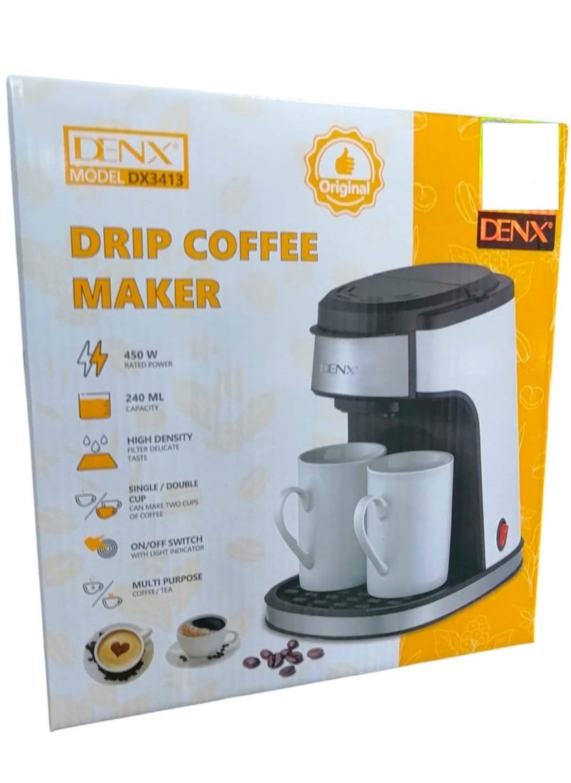 Denx Automatic Drip Coffee Maker For Espresso, Tea, And Milk Powder With Double Cup Stainless Steel 450W - Image 4