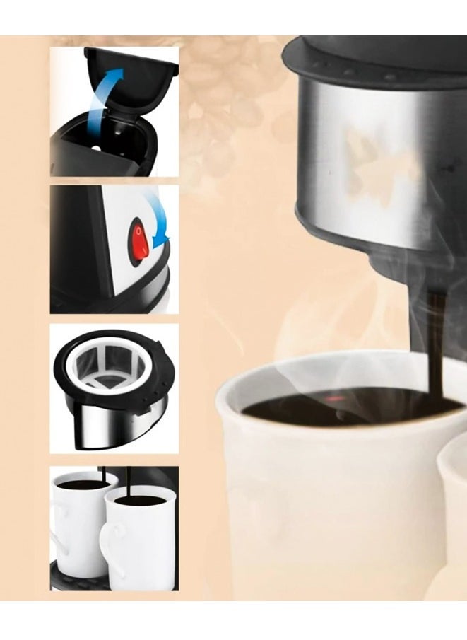 Denx Automatic Drip Coffee Maker For Espresso, Tea, And Milk Powder With Double Cup Stainless Steel 450W - Image 2