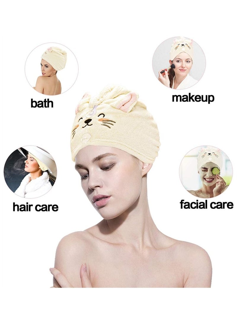 Y&D Hair Drying Cap, SYOSI 3 Pack Microfiber Towel Wrap, Super Absorbent Turban with 2 Buttons Anti Frizz Quick Twist for Woman Girl (Kitty) - Image 3
