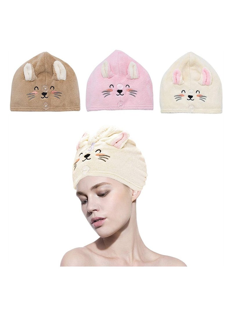 Y&D Hair Drying Cap, SYOSI 3 Pack Microfiber Towel Wrap, Super Absorbent Turban with 2 Buttons Anti Frizz Quick Twist for Woman Girl (Kitty) - Image 1