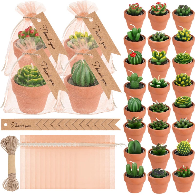 MTLEE 24 Pcs Succulent Tealight Candles Bulk Party Baby Shower Pack with Terracotta Pot Organza Bag Tags Twine