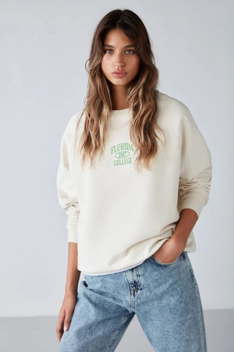 GRIMELANGE Adrielle Relaxed Fit Embroidery Printed Knitted Crew Neck Ecru Sweatshirt