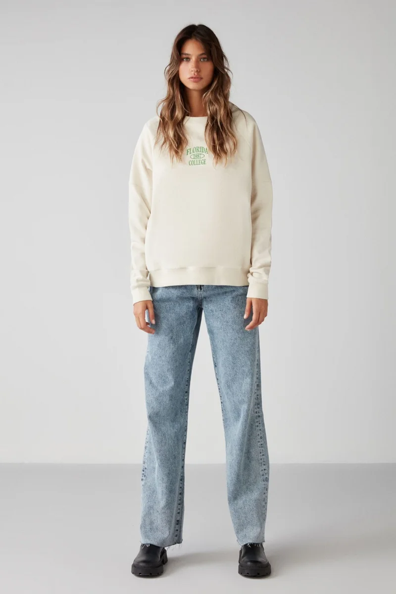GRIMELANGE Adrielle Relaxed Fit Embroidery Printed Knitted Crew Neck Ecru Sweatshirt
